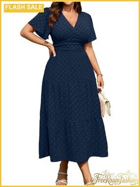 Plus Size Wrap V-Neck Swiss Dot Ruffle Sleeve Maxi Dress